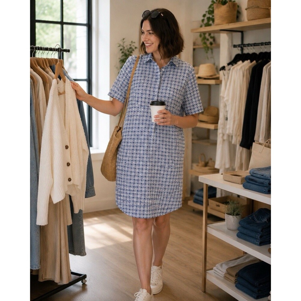 CASLON Small 100% Linen Shirt Dress Navy Blue and White Shift Collared Pocket